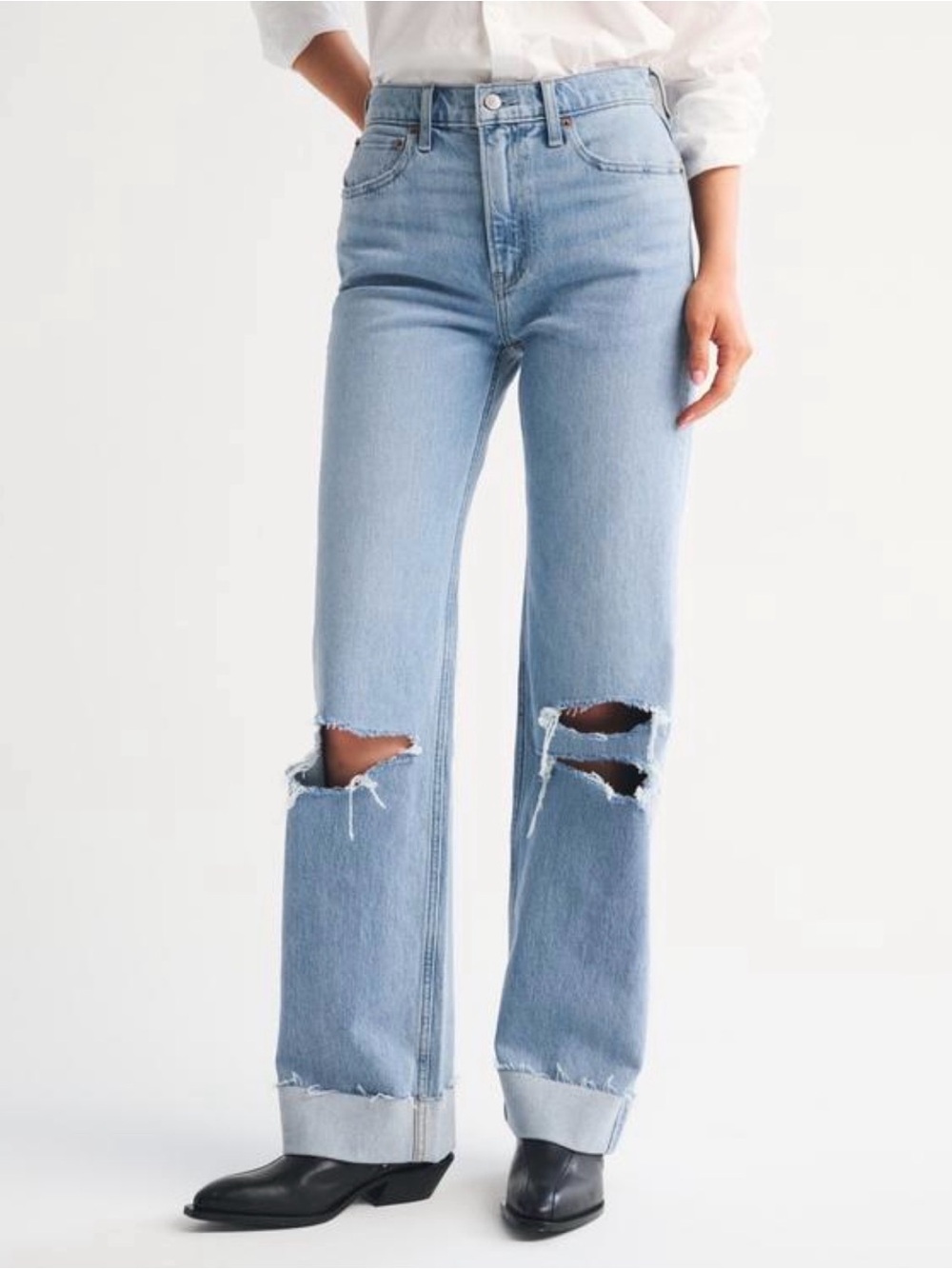Abercrombie High Rise 90s Relaxed Cuffed Hem Jeans 30p Light Wash Distressed